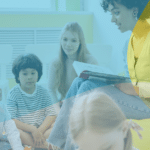 Supply cover teacher reading a book to 5 students.